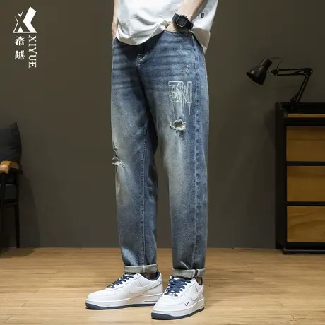 希越破洞锥形直筒牛仔裤男士2024春季宽松大码美式高街休闲长裤潮商品大图