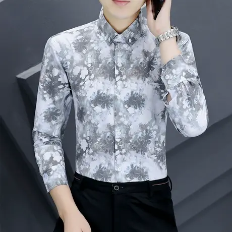 2023新款长袖潮流印花衬衫男士修身碎花休闲衬衣潮牌痞帅上衣男装商品大图