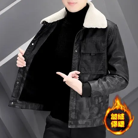 男士短款冬季保暖防寒皮衣外套羊羔毛翻领工装潮牌加绒加厚皮夹克商品大图