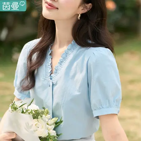 茵曼官方旗舰店温柔系凡尔赛上衣法式短袖衬衫女2024夏季新款衬衣图片