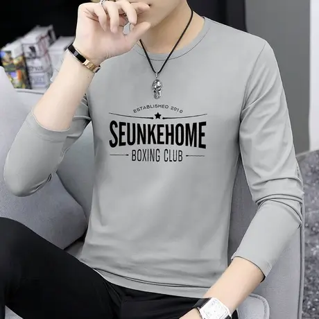 莫代尔棉长袖t恤男士圆领上衣服潮流印花小衫内搭打底衫薄款秋衣商品大图