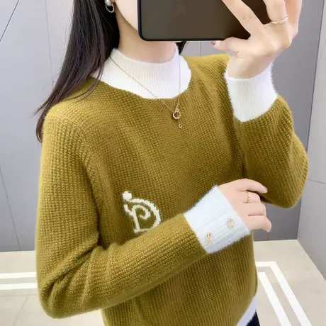 冬季半高领水貂绒拼色毛衣女秋冬2023新款爆款加厚洋气针织打底衫图片