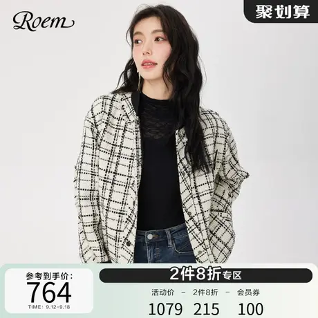 Roem2023春秋商场同款简约字母布贴绣时髦圆领格纹短款百搭外套商品大图