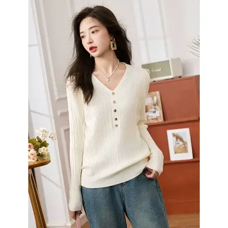 时尚气质打底长袖毛衣2023年早秋新款女温柔V领修身显瘦通勤上衣商品大图