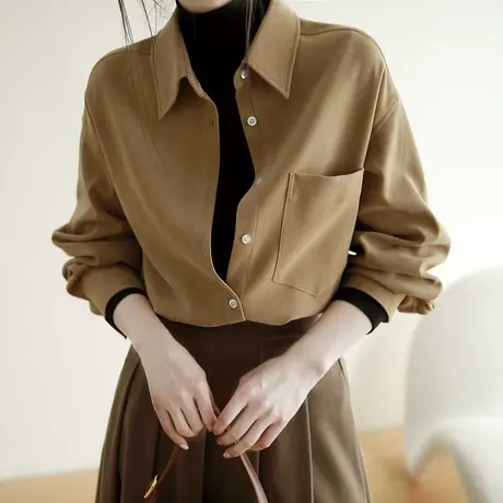 嘉茱莉2023春秋新款通勤衬衫女加厚磨毛衬衣外套女设计感小众上衣商品大图