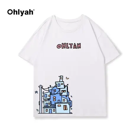 Ohlyah2023年新款女装潮牌卡通印花白色t恤女短袖纯棉圆领打底图片