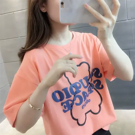 2023夏季新款韩版小众设计感t恤女小个子短袖宽松圆领印花棉t上衣商品大图