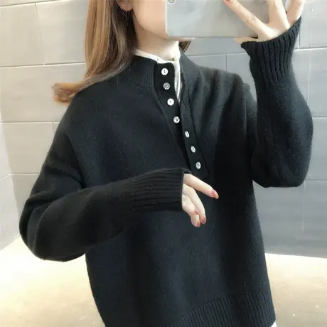 新款撞色拼接假两件半开扣加厚毛衣打底衫百搭宽松2023女高领上衣商品大图