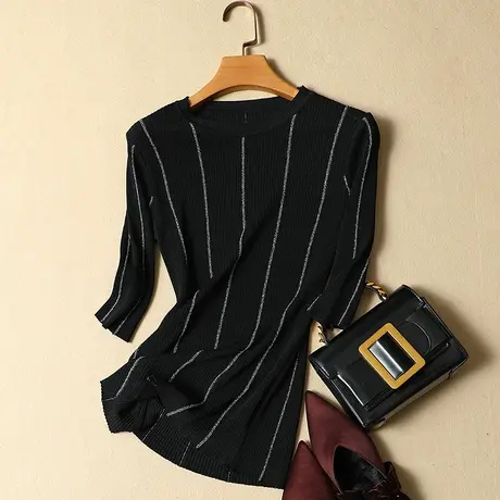 冰丝t恤女短袖上衣女薄款春装韩版修身半袖亮丝打底针织衫女中袖商品大图