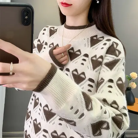 半高领毛衣女宽松套头洋气外穿上衣2023新款韩版拼色针织衫女打底商品大图