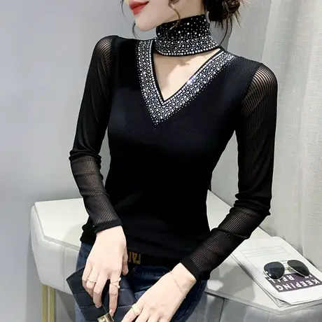 高领洋气打底衫女秋冬性感镂空长袖T恤时尚网纱小衫紧身内搭上衣商品大图