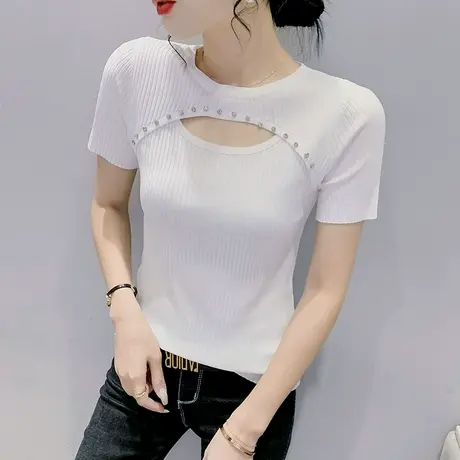镂空短袖T恤女2023夏季新款性感紧身冰丝针织上衣洋气纯色半袖潮商品大图