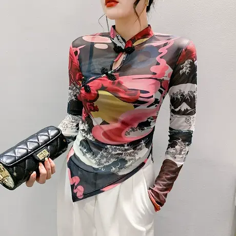 国风复古女装不规则下摆T恤长袖性感网纱透视小衫洋气盘扣上衣秋商品大图