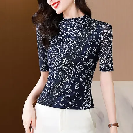 复古印花气质上衣女士夏装时尚半高领网纱T恤五分袖别致收腰小衫商品大图