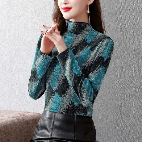 洋气打底衫女2023新款秋冬高领长袖蕾丝加绒加厚网纱亮丝百搭上衣商品大图