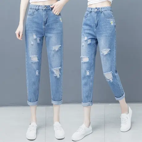 九分牛仔裤女2023夏季薄款卷边破洞哈伦裤高腰宽松显瘦休闲老爹裤商品大图