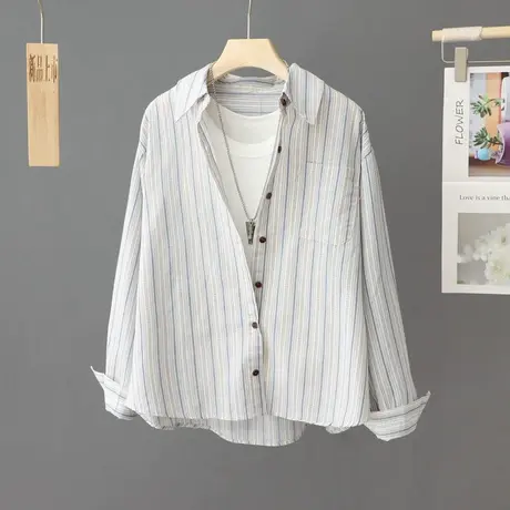 蓝色条纹衬衫女式纯棉长袖短款春秋衬衣2023春季新款叠穿上衣宽松商品大图