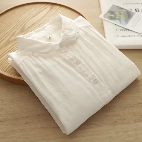 春秋日系文艺小清新蕾丝娃娃领双层纱纯棉长袖衬衫女学生打底上衣图片