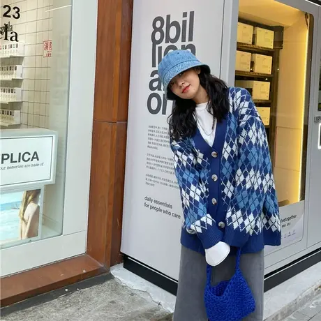 红续格纹针织开衫女薄款2023春秋新款显瘦长袖复古风温柔毛衣外套图片