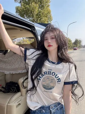 美式复古黑白插肩仿棉短袖T恤女新款韩版小众洋气拼接打底上衣潮商品大图