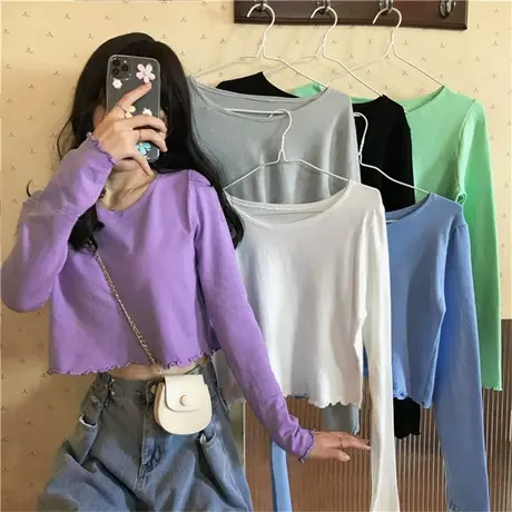 很仙的上衣短款漏肚脐长袖t恤打底衫女春洋气百搭甜酷设计感小众商品大图