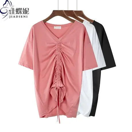 夏新款韩版V领宽松休闲中长款纯白纯色抽绳小心机短袖体恤上衣女图片