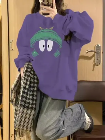 紫色无帽卫衣女春秋薄款小个子宽松慵懒风高级感套头上衣oversize图片