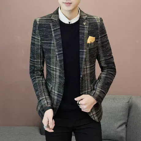 男士西装休闲西服外套 青年发型师男装修身春秋韩版 格子小西装潮商品大图