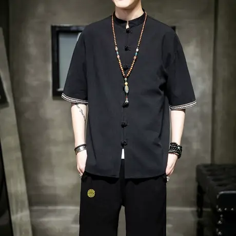 夏季男短袖衬衫简约中国风盘扣复古大码男装民族风休闲上衣服2023商品大图