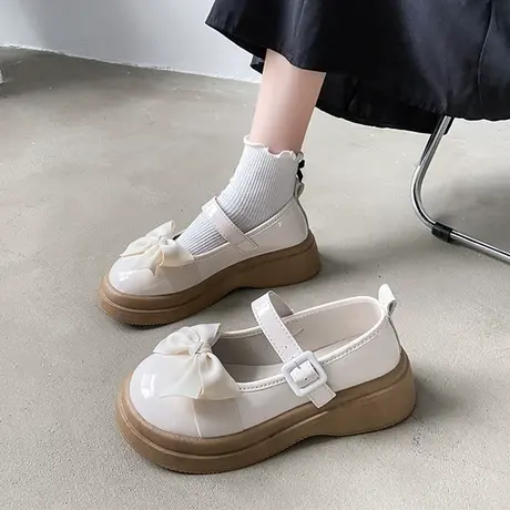 厚底米白玛丽珍鞋子女2023年新款秋夏季百搭增高日系蝴蝶结小皮鞋商品大图