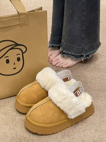 网红爆款厚底包头毛毛拖鞋女秋冬加绒外穿2023年新款防滑雪地棉鞋商品大图