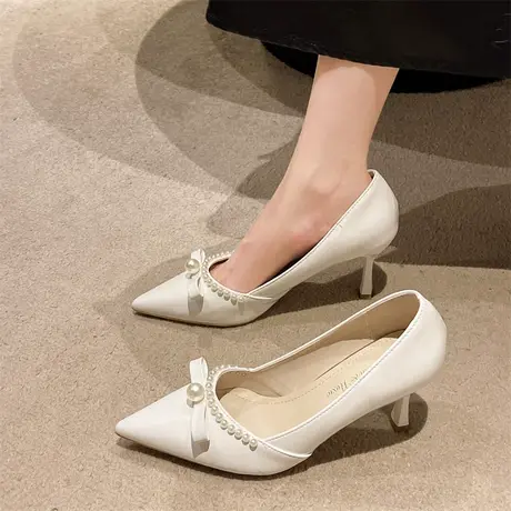 永希单鞋女2023夏季新款时尚尖头细跟仙女风珍珠蝴蝶结气质高跟鞋商品大图