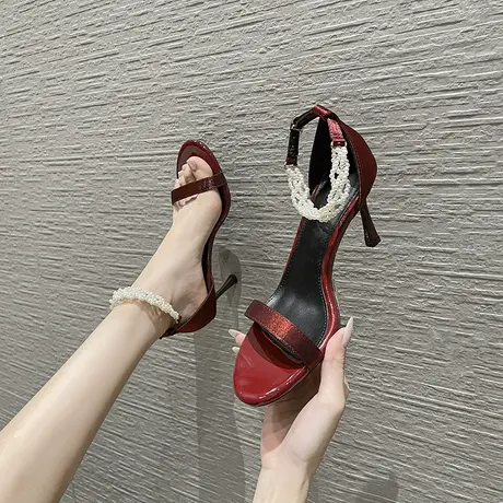 一字扣带珍珠高跟鞋女细跟2022年夏季新款仙女风气质百搭露趾凉鞋图片