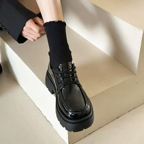 超火ins乐福鞋女款2024新款黑色粗跟中跟工作单鞋英伦厚底小皮鞋商品大图