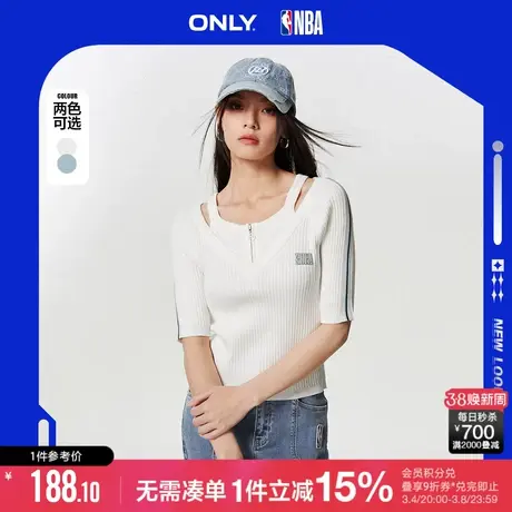 ONLY春秋NBA联名款假两件镂空短袖针织衫女|123224020图片