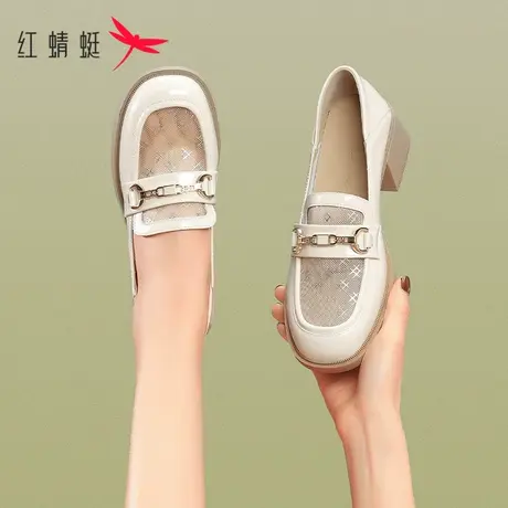 红蜻蜓网纱乐福鞋女鞋2023年夏季新款透气高跟单鞋一脚蹬小皮鞋潮图片