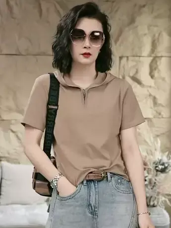 2023新款夏季休闲纯色连帽t恤时尚百搭遮肉显瘦减龄拉链上衣潮款图片