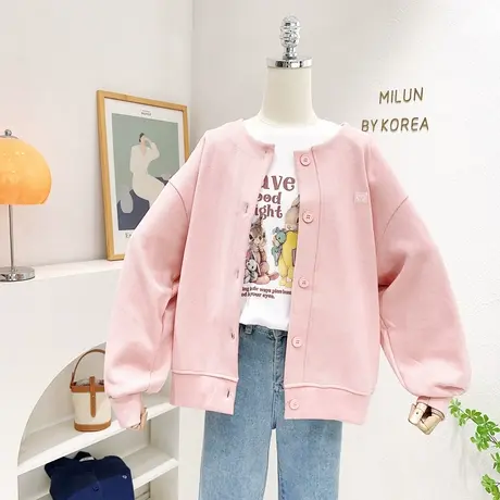 韩国东大门粉色开衫外套春秋款奶呼呼的长袖卫衣慵懒休闲小个子上商品大图