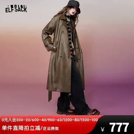 妖精的口袋英伦风中长款风衣女2023冬季新款美拉德宽松皮衣外套图片