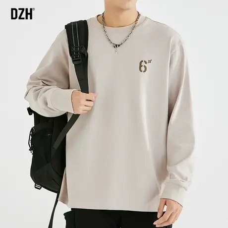 男士纯棉杏色长袖t恤男秋季潮流宽松男装2023新款休闲上衣打底衫商品大图