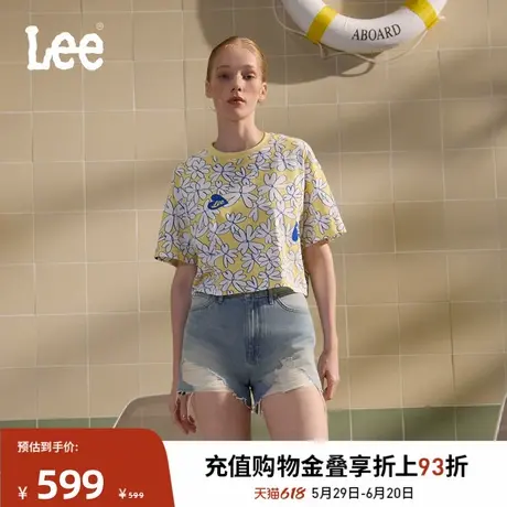 Lee商场同款25春夏新品磨边大破洞设计复古浅蓝色女牛仔短裤潮流商品大图