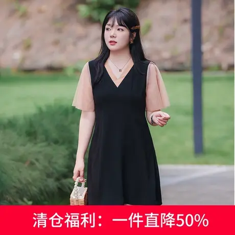 大码胖妹妹A字裙夏装新款法式喇叭袖气质V领收腰摆显瘦网纱连衣裙图片