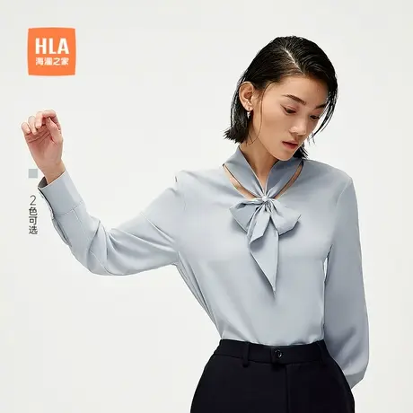 HLA/海澜之家休闲宽松通勤长袖V领衬衫25春夏新纯色飘带衬衣女装商品大图
