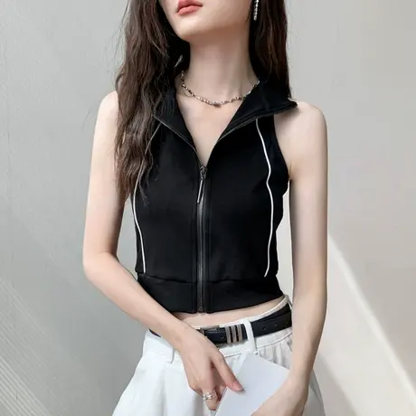 纯棉拉链马甲女2025夏季新款韩版辣妹背心高级感立领无袖卫衣短款商品大图