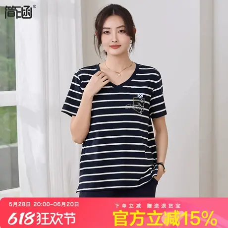 短袖棉T恤2025夏季新款V领条纹宽松休闲洋气妈妈减龄显瘦半袖上衣商品大图