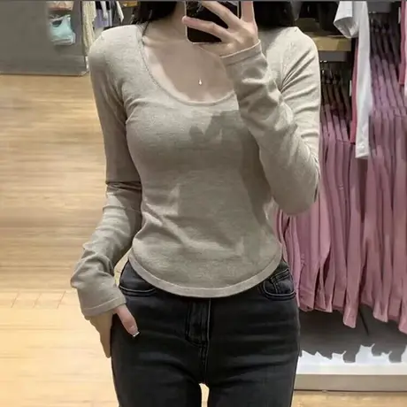 性感纯欲风长袖T恤女春秋修身百搭显瘦小个子短款磨毛上衣打底衫商品大图