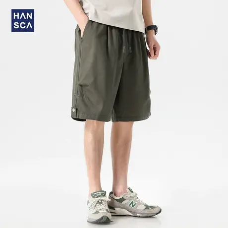 hansca300g重磅纯棉休闲短裤男2025夏季宽松压褶军绿色运动五分裤商品大图