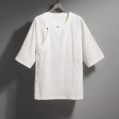 夏装新款男T恤新中式中国风棉麻改良汉服五分袖斜襟上衣亚麻唐装图片