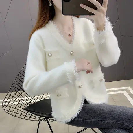 秋季女士水貂绒短外套女装早秋2023年新款韩版小香风针织开衫春秋图片