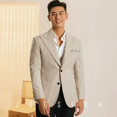 觉绅2023新款复古条纹西服外套夏季薄款戗驳领男士休闲单西便西潮图片